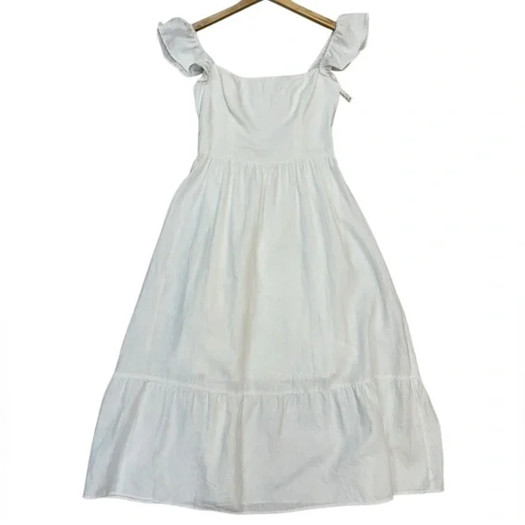 NWT Reformation Lucila Linen Dress Ruffle Trimmed Midi in White Size 8